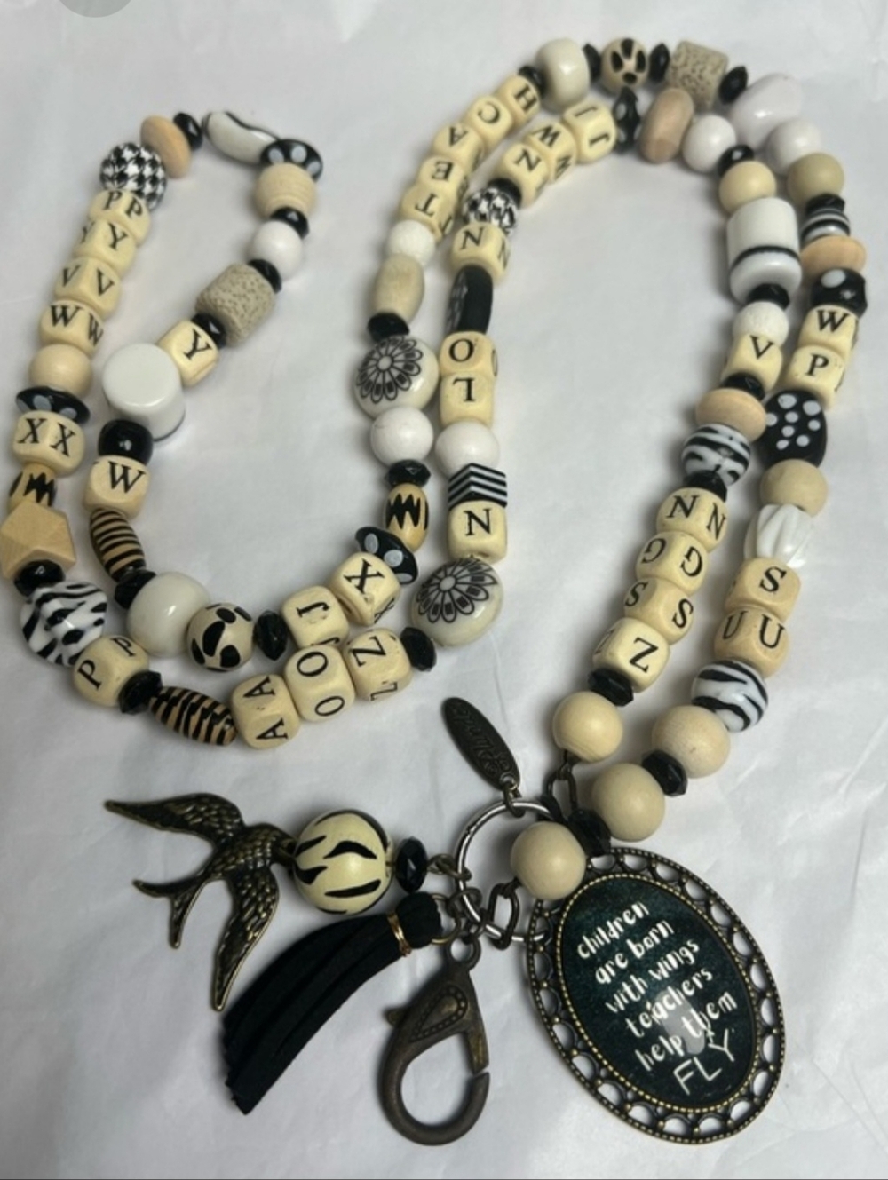 Plunder Black, Cream & White Beaded Lanyard with Bird Charm